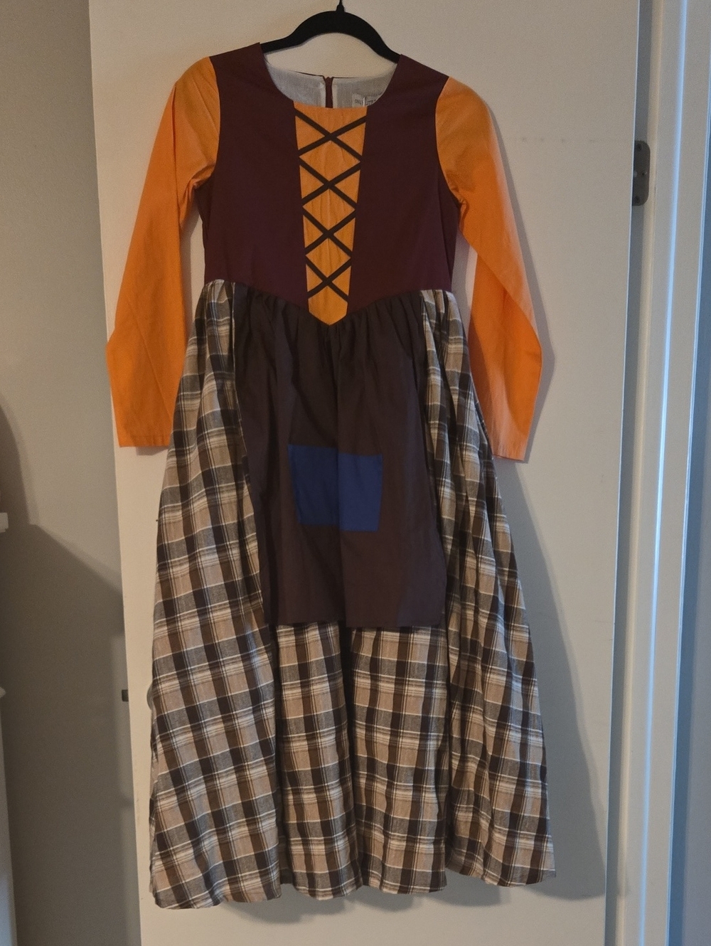 Girls Orange and Brown Plaid Peasant Costume Dress with Blue Pocket